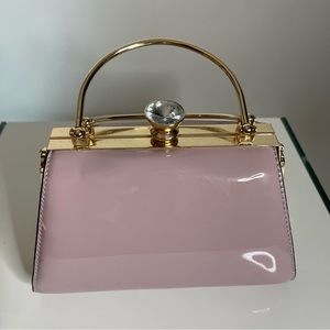 Blush Pink Pastel Vegan Patent Leather Purse Handbag Gold Accents & Rhinestones
